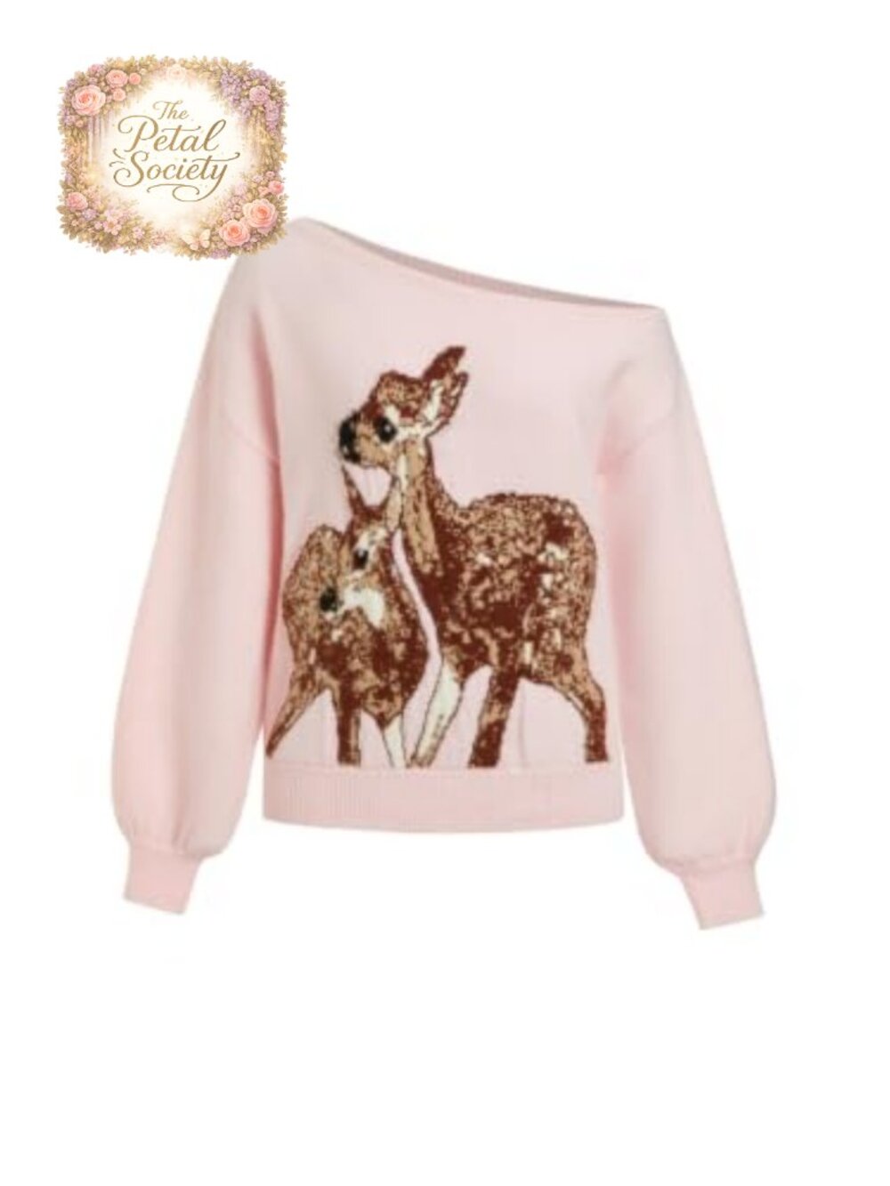 Off the Shoulder Deer Graphic Knit Pullover Sweater